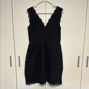 LOFT Black Fit and Flare V-Neck Lace Midi Dress